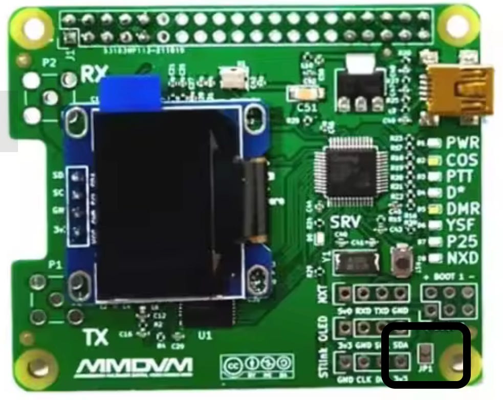 MMDVM board showing JP1 pads to jumper MMDVM board showing JP1 pads to jumper