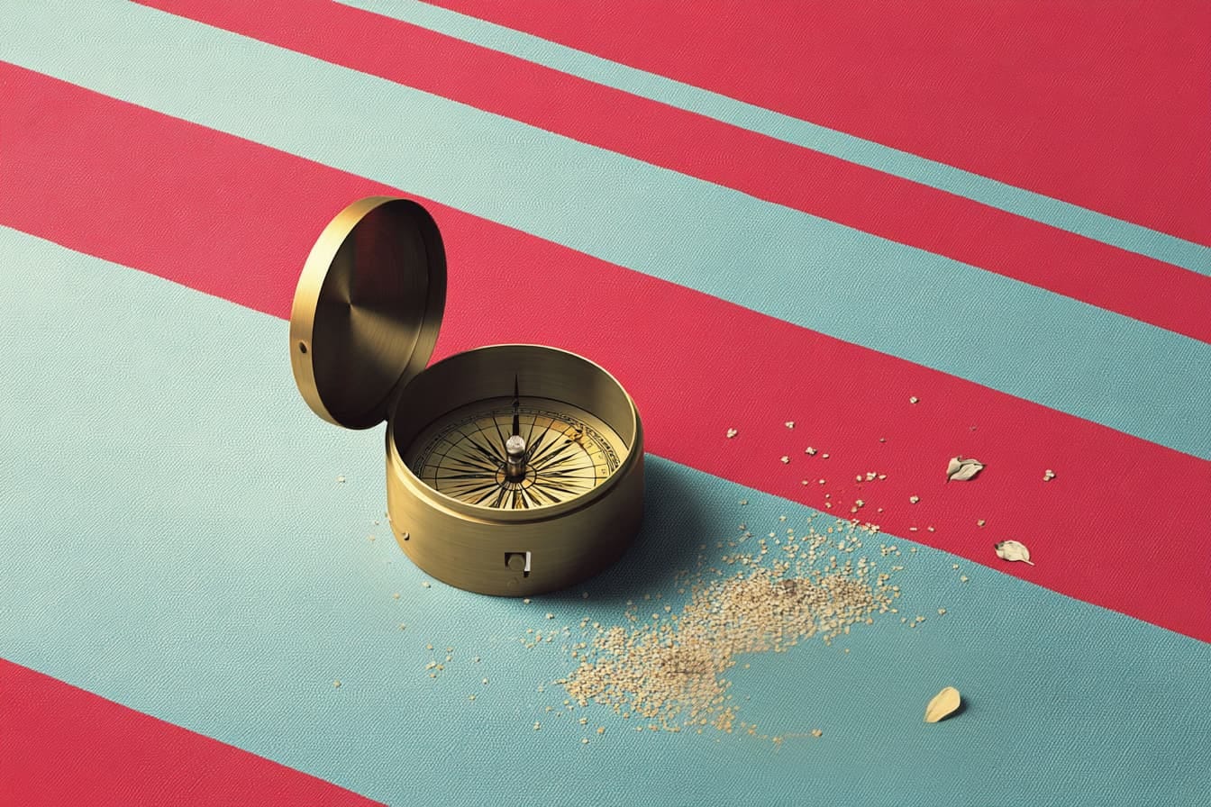 digital illustration of a compass on a blue and red background, surrounded by sand and broken pieces