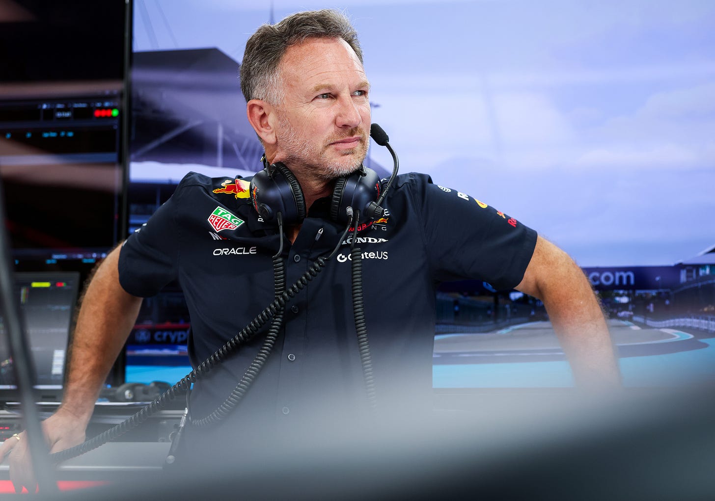 Red Bull team principal Christian Horner pictured in the team garage with a headset around his neck Red Bull team principal Christian Horner pictured in the team garage with a headset around his neck