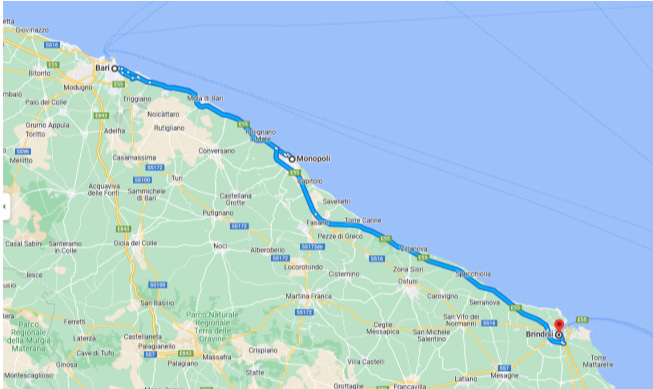 Google map shoing Bari, Monopoli, and Brindisi. These were possible towns of Giovanni Orto aka John Orto's birth.