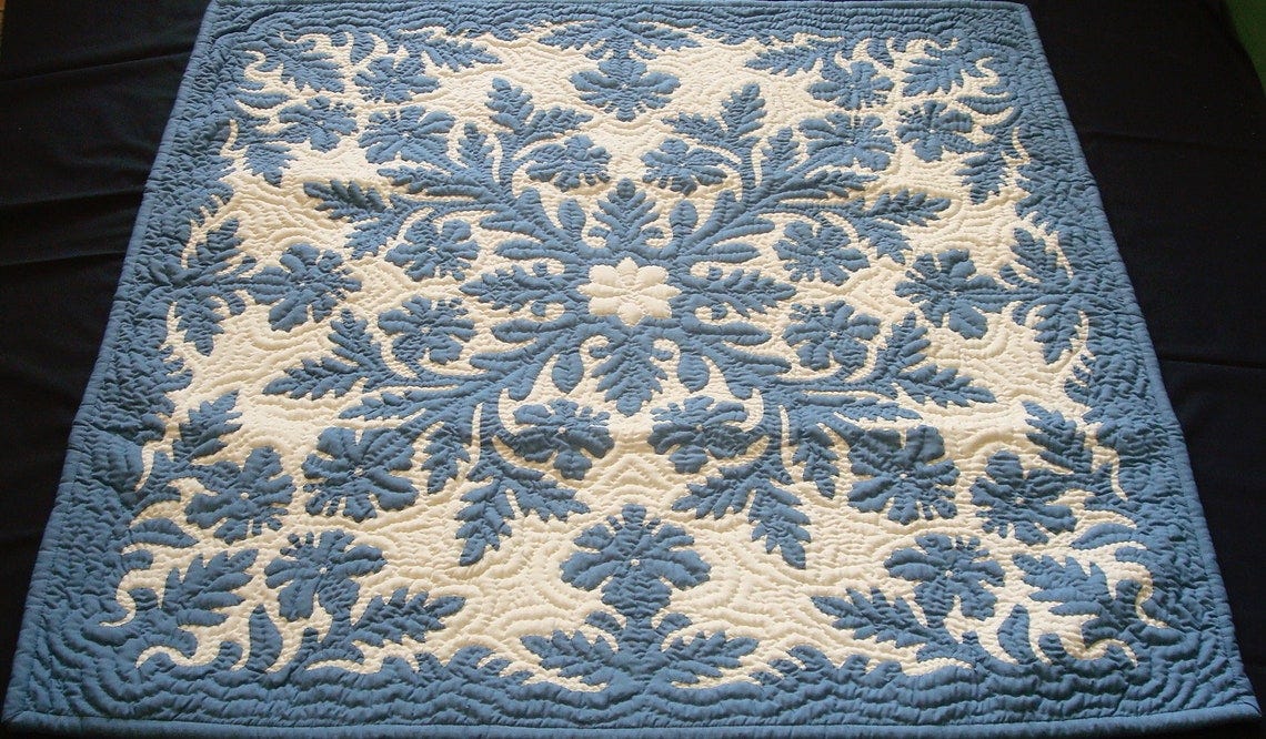 Hawaiian Quilts, Wall Hanging, Baby Crib Blanket, Hand Quilted and Hand Appliqued 42x42 Dusty Blue