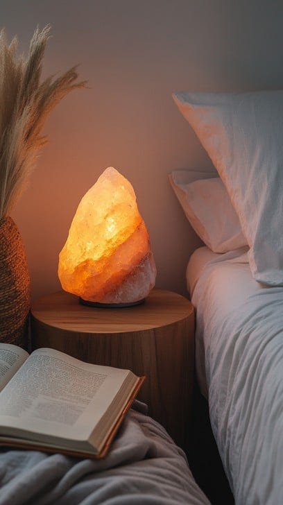A salt lamp emits a warm, soothing glow in a peaceful bedroom setting, casting light on an open book resting on a wooden bedside table. The soft bedding and neutral tones of the room suggest a serene and restful environment. A vase with dried grasses adds a touch of natural decor, enhancing the tranquil atmosphere that invites relaxation and quiet reading before sleep.