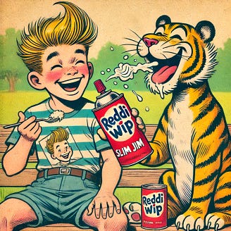 A young boy with spiky blond hair in a striped shirt and shorts, and a cartoon-style tiger companion, illustrated in a nostalgic vintage comic style. They are sitting together, laughing and enjoying snacks. The boy is eating a Slim Jim, and the tiger is squirting Reddi Wip directly into his mouth from the can. The background is a sunny outdoor park setting with a relaxed, playful vibe. The scene is humorous and lighthearted, with hand-drawn textures and a watercolor comic-strip aesthetic.