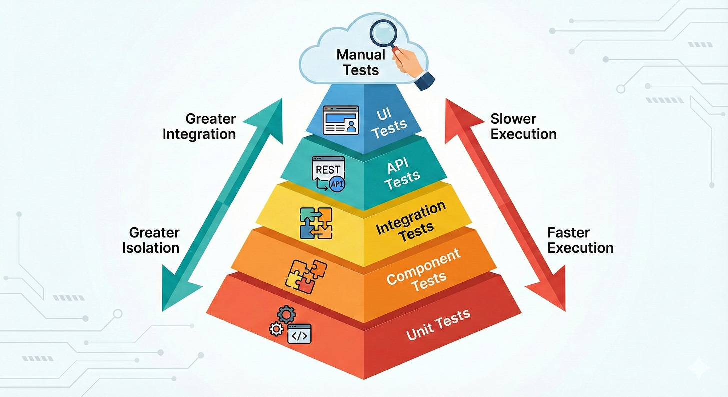 Software testing pyramid for vibe coding showing unit tests at base, integration tests in middle, and end-to-end tests at top