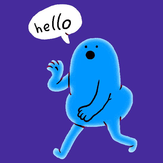 A blue cartoon character walks along and says hello A blue cartoon character walks along and says hello