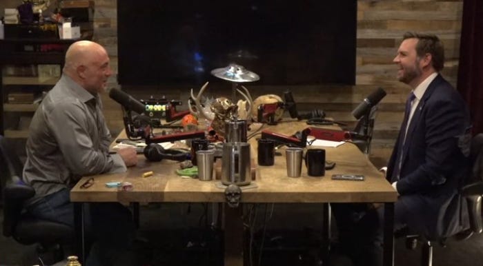 Joe Rogan and Sen. JD Vance in a screenshot of the latest episode of the Joe Rogan Experience. Joe Rogan and Sen. JD Vance in a screenshot of the latest episode of the Joe Rogan Experience.