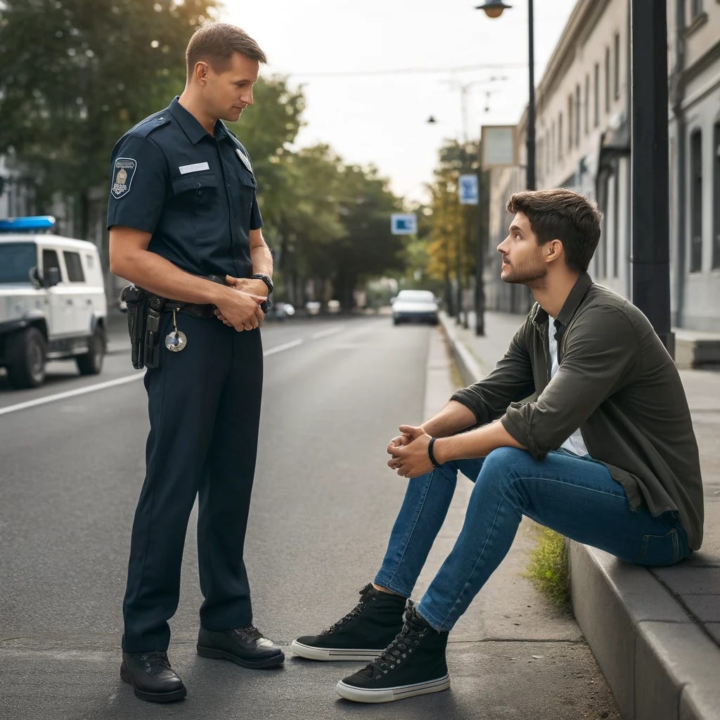 A police officer talking to a suspect on a city street. The police officer is standing, dressed in a standard blue uniform, with a badge and cap. The suspect is seated on the curb, with legs extended straight, wearing casual clothes. The background shows a typical city street with parked cars and street lamps. They are approximately 5 feet apart, facing each other in a conversational pose, under daylight.
