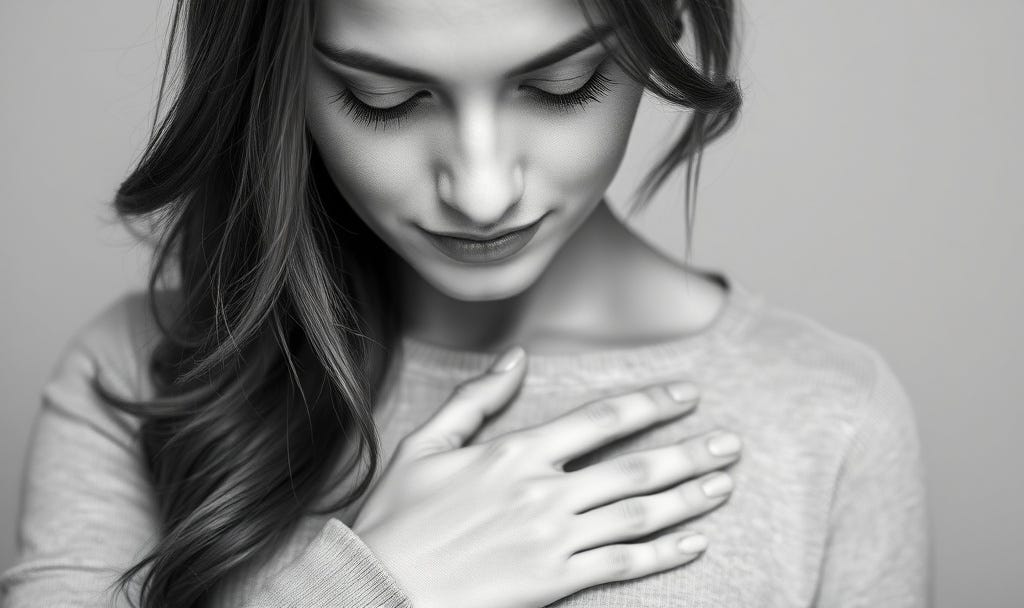 Woman with her hand over her heart and eyes closed, symbolizing intuition, inner knowing, and listening to the body’s signals. Woman with her hand over her heart and eyes closed, symbolizing intuition, inner knowing, and listening to the body’s signals.