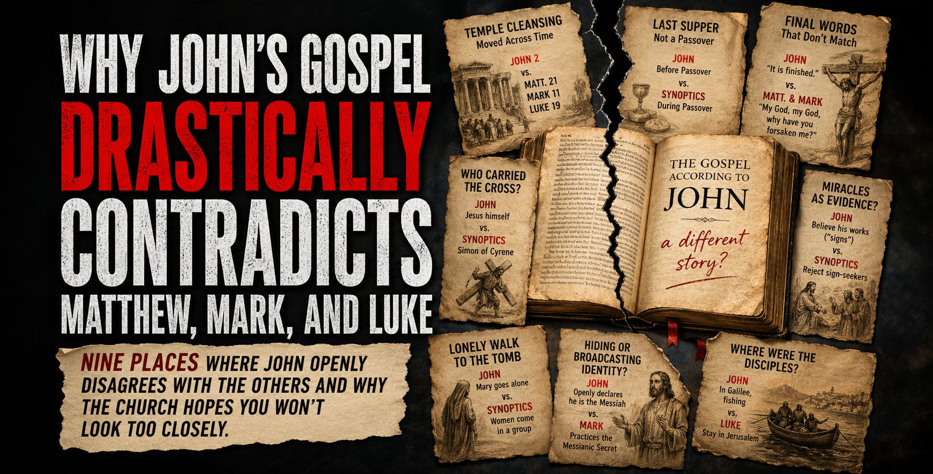 the title “Why John’s Gospel Drastically Contradicts Matthew, Mark, and Luke” in large bold typography on a dark textured background. The left side emphasizes the main headline in distressed white and red text, while the right side is a collage of aged manuscript pages and illustrated biblical scenes pinned like torn parchment sheets. Each section highlights specific alleged contradictions such as “Temple Cleansing,” “Last Supper,” “Final Words,” and “Who Carried the Cross?” with contrasting references between “John” and the “Synoptics.” A large open ancient Bible sits in the center with a cracked, torn split effect running through it, visually symbolizing division and disagreement between the Gospel accounts. The overall tone is cinematic, tense, and investigative, with warm sepia tones mixed with deep blacks and dramatic lighting.