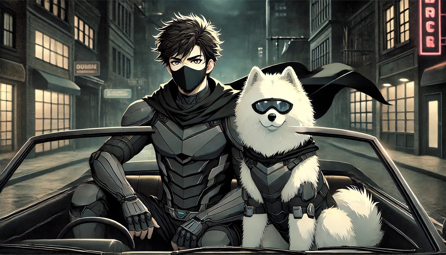 An anime-style illustration showing a man with messy dark hair and a beard, and a fluffy white Samoyed dog, both dressed in sleek, futuristic superhero suits. The man wears a mask and a dark cape, while the dog sports a matching heroic outfit with a small cape. They are sitting in a convertible, but the background is a dark, gothic city with tall buildings and a foreboding atmosphere, illuminated only by the dim lights of the city and occasional neon signs. The scene conveys a sense of vigilance and readiness to fight crime.
