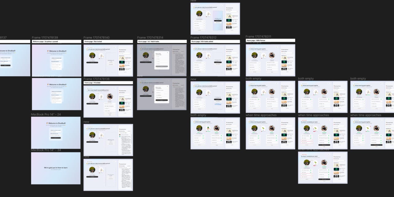 Figma page of a ton of DinoBud designs