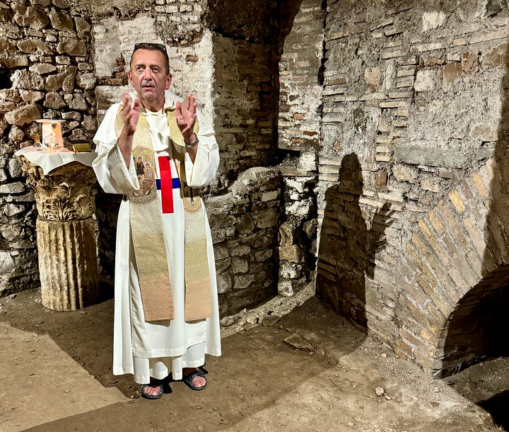 A priest saying Mass amid Roman ruins, the entrance to grandiose Renaissance-era Villa Farnesina; the fountain that dominates Piazza Santa Maria; the small dining room at Cuverie enoteca.