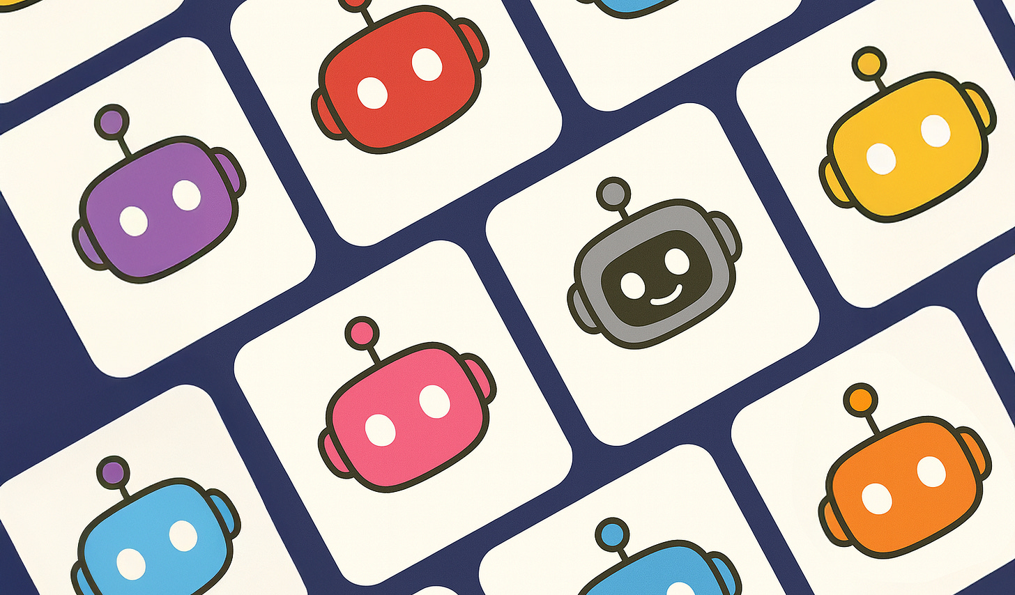  Illustration of colorful cartoon robot heads with antennas arranged in a grid pattern