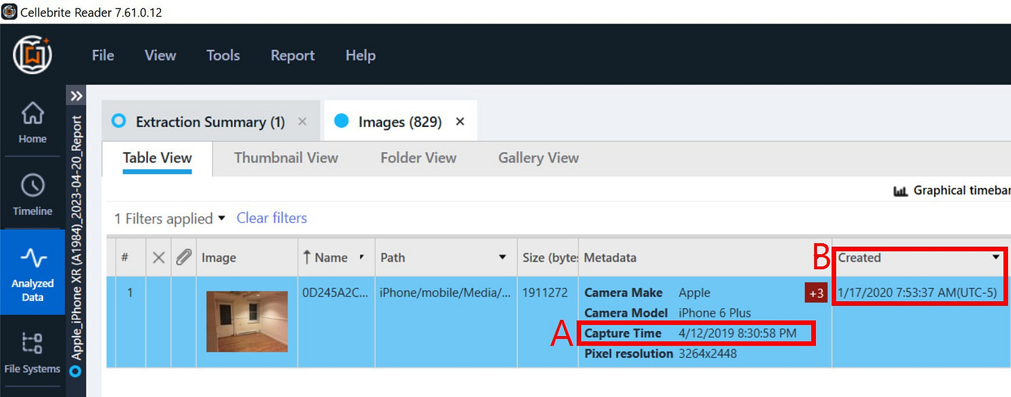 A screenshot of a Cellebrite Reader report open to the Images tab
