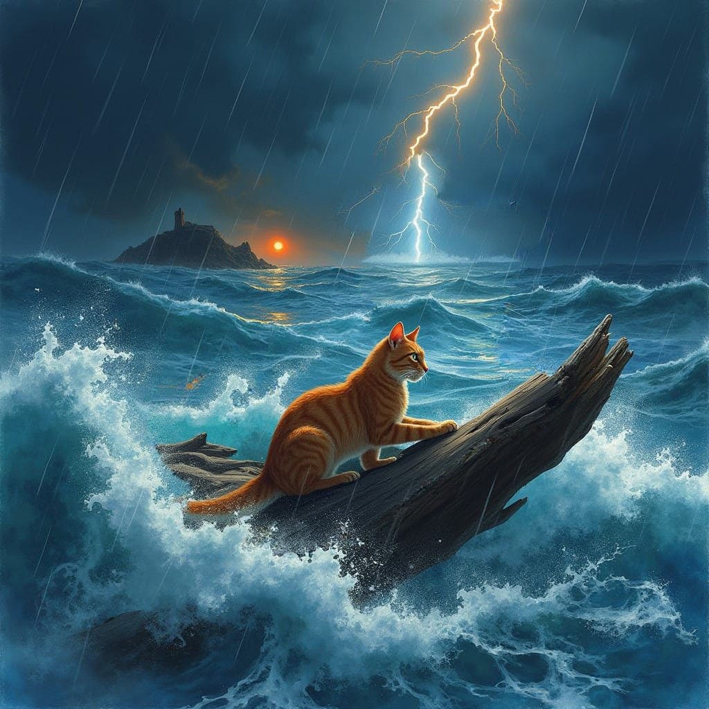 Generate a simple, low-complexity watercolor illustration based on the following prompt: Lightning split the night sky, ...