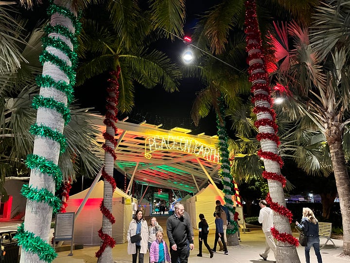 christmas, palm trees, christmas trees, wreath, decorations