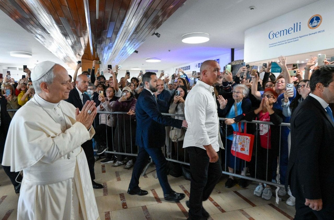 Pope Leo XIV greets patients and staff in the lobby of Gemelli hospital Pope Leo XIV greets patients and staff in the lobby of Gemelli hospital