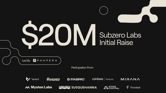 The image features a sleek, black background with abstract white design elements, prominently displaying "$20M" in large white text, indicating a funding amount. Below, "Subzero Labs Initial Raise" is written, with "Led By @Pantera" and the Pantera Capital logo, suggesting their leadership in the investment. The text and logos of other participating entities like Variant, Hashed, Coinbase Ventures, and others are listed, reflecting their involvement in the $20M raise for Subzero Labs. The post text context reveals this funding supports building RialoHQ, the first Real World blockchain network, making the image a celebratory announcement of a significant cryptocurrency and business milestone. No platform watermarks are present. The image features a sleek, black background with abstract white design elements, prominently displaying "$20M" in large white text, indicating a funding amount. Below, "Subzero Labs Initial Raise" is written, with "Led By @Pantera" and the Pantera Capital logo, suggesting their leadership in the investment. The text and logos of other participating entities like Variant, Hashed, Coinbase Ventures, and others are listed, reflecting their involvement in the $20M raise for Subzero Labs. The post text context reveals this funding supports building RialoHQ, the first Real World blockchain network, making the image a celebratory announcement of a significant cryptocurrency and business milestone. No platform watermarks are present.