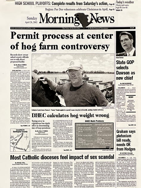 Pictures of the front page and spread inside the Morning News newspaper published on Sunday. Front page as it appeared in the Morning News in 2002 with the two top stories about the hog farm permit and a second story, picked by the AP, shed light on the erroneous math calculations done by state environmental officials. The Sunday package had a spread inside with the main investigations and findings and also an interview with the hog farmer. (Mc Nelly Torres | Don’t Forget My Voice)