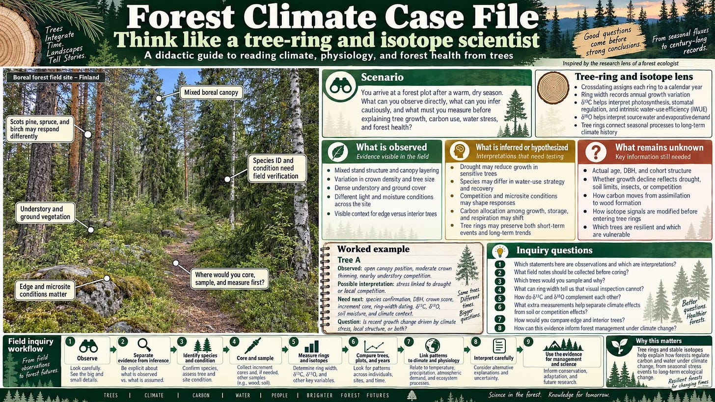 Forest Climate Case File. Forest climate inquiry infographic connecting field observations, tree rings, and isotopes to questions about forest health. Full text description linked at the close of the article.