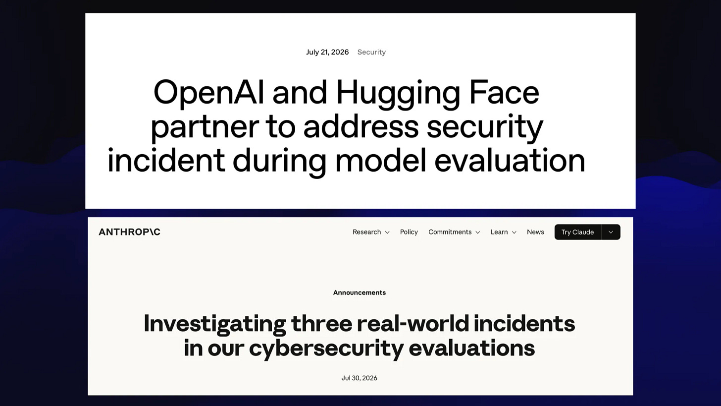 OpenAI: OpenAl and Hugging Face
partner to address security
incident during model evaluation

Anthropic: Investigating three real-world incidents
in our cybersecurity evaluations
