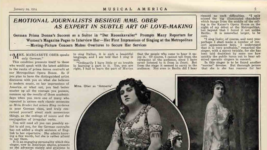 “Emotional Journalists Besiege Mme. Ober as Expert in Subtle Art of Love-Making” — Musical America today would never.