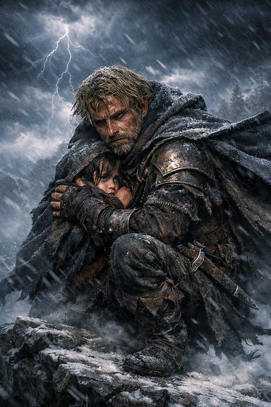 Greegan shielding tiny Barovian girl Zia from storm