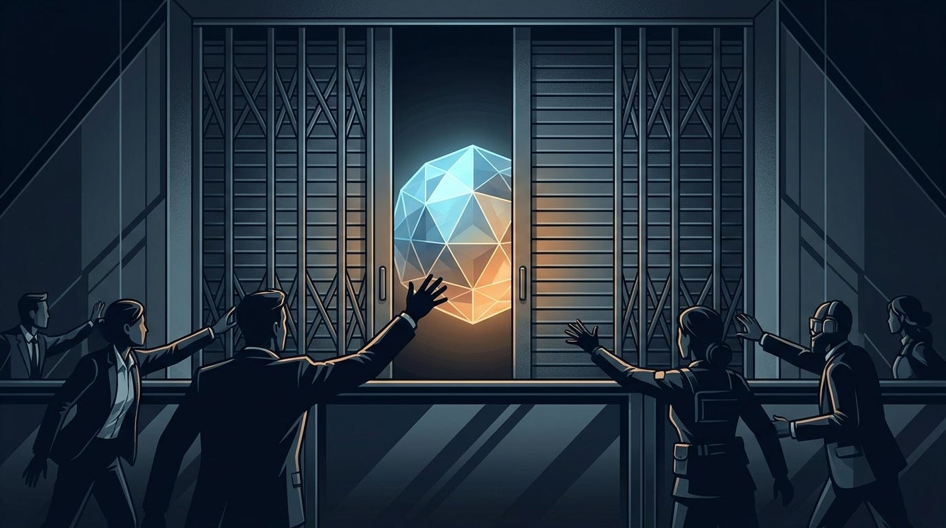 Editorial illustration showing a glowing AI model behind a government barrier Editorial illustration showing a glowing AI model behind a government barrier