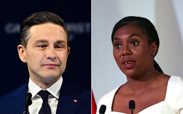 Canadian Conservative leader Pierre Poilievre (L) speaks to supporters after losing the Canadian Federal Election on April 29, 2025 in Ottawa, Canada. (Minas Panagiotakis/Getty Images North America/AFP); Britain's main opposition Conservative Party leader Kemi Badenoch in conversation at the Institute of Chartered Accountants' Hall, in central London on September 9, 2025. (Adrian Dennis/AFP)