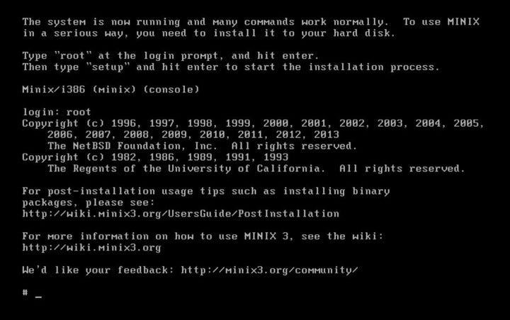 El el login prompt de MINIX 3.3.0. Imagen: Wikimedia Commons