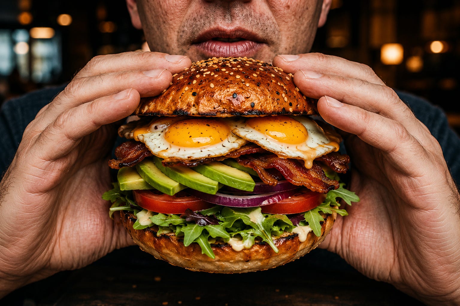 A towering breakfast style burger layered with fried eggs, avocado, crisp salad, tomatoes, and smoky bacon, captured in rich cinematic detail. The close up composition and warm café lighting create a bold, indulgent image that blends comfort food with fresh, vibrant ingredients. A towering breakfast style burger layered with fried eggs, avocado, crisp salad, tomatoes, and smoky bacon, captured in rich cinematic detail. The close up composition and warm café lighting create a bold, indulgent image that blends comfort food with fresh, vibrant ingredients.