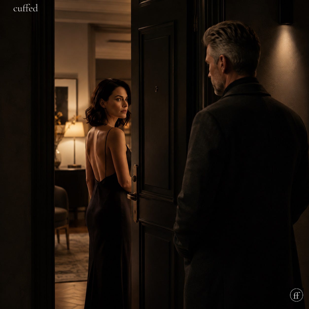 dimly lit doorway, woman in black silk dress glancing back over her shoulder at man in dark coat standing at threshold, warm interior light behind her, cuffed wordmark top-left, ff logo bottom-right — cinematic scene, restraint and invitation dimly lit doorway, woman in black silk dress glancing back over her shoulder at man in dark coat standing at threshold, warm interior light behind her, cuffed wordmark top-left, ff logo bottom-right — cinematic scene, restraint and invitation