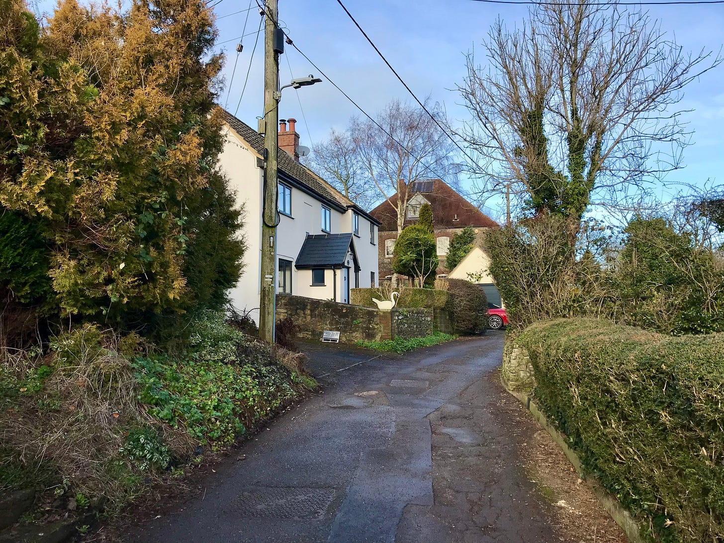 Wood Lane Chapmanslade. The old Baptist Church stands high on the corner.