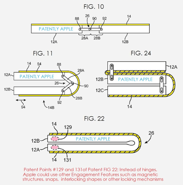 Apple patent application illustration of a folding iPhone with flexible hinge