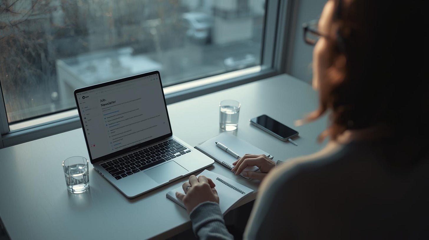 Focused job seeker reading a career newsletter with notebook in calm workspace
