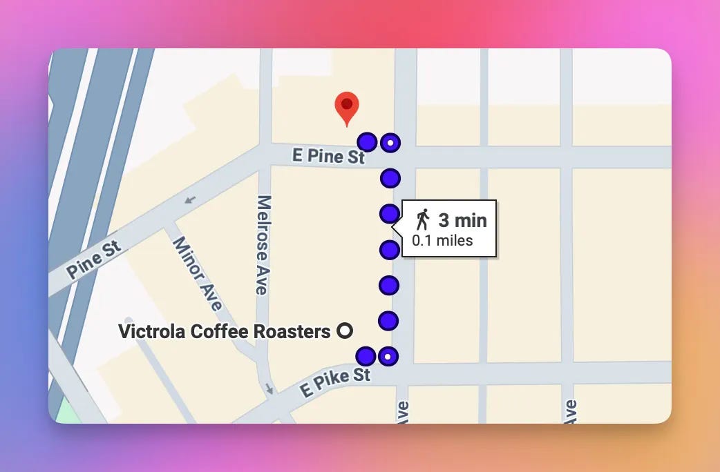 Map showing a three-minute route between Victrola and Sugar Bakery.