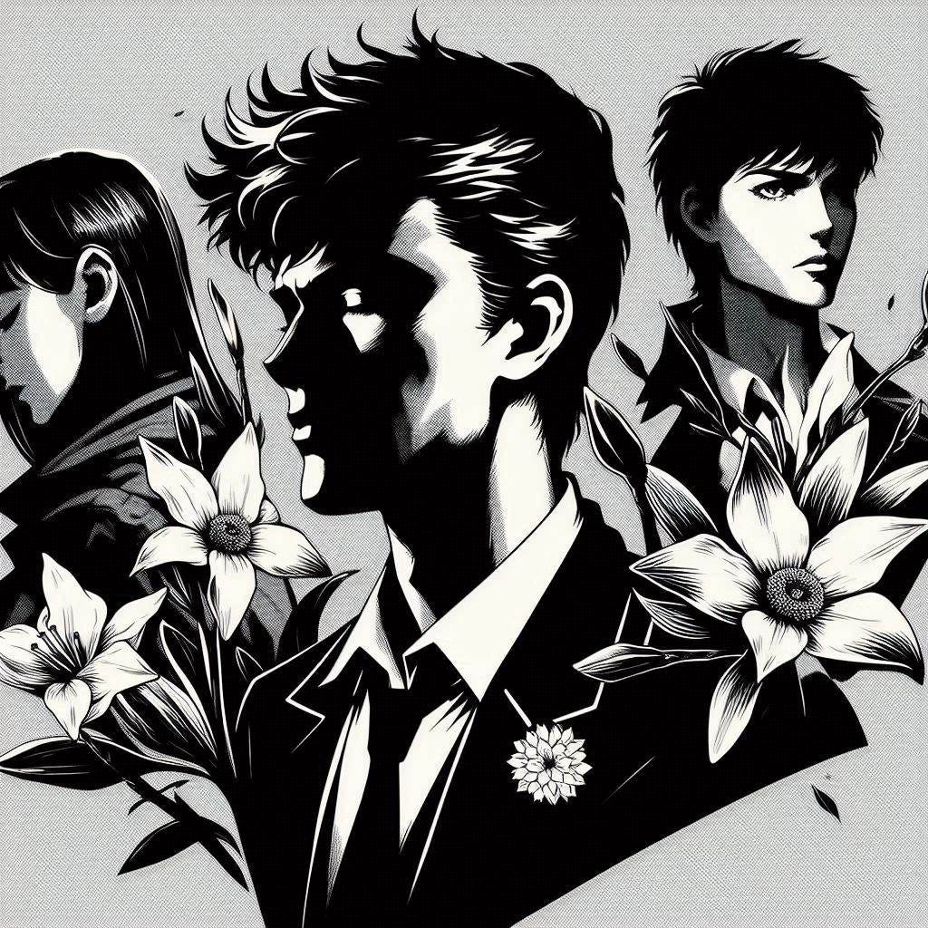 Create an image of Narcissus as a film noir, minimalist, pop art, or anime aesthetic.