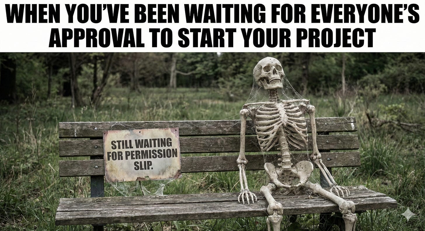 A skeleton on a park bench waiting for a permission slip A skeleton on a park bench waiting for a permission slip