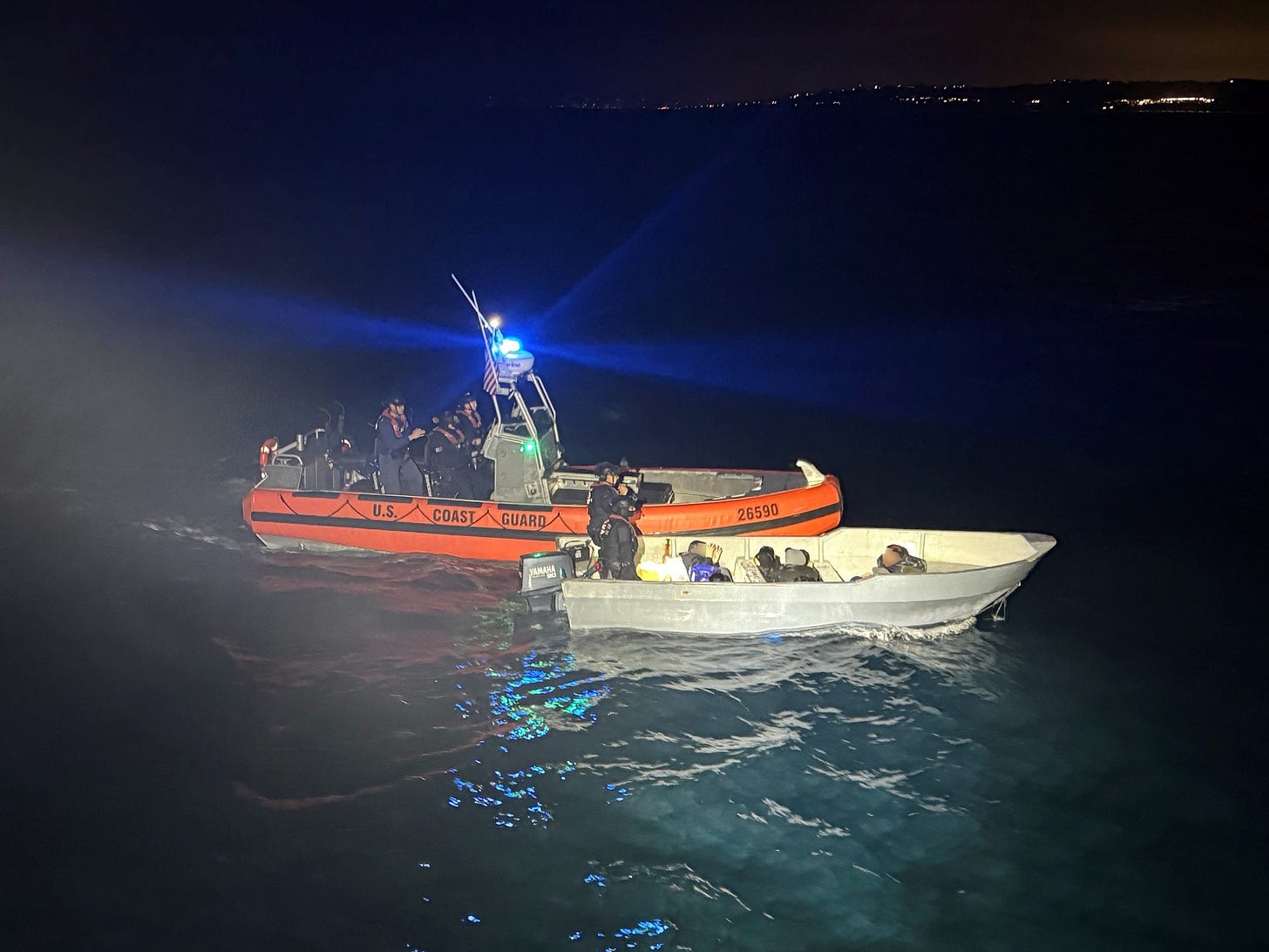 A boarding party from the Coast Guard Cutter Terrell Horn approaches a small craft off San Diego on Wednesday, August 12, 2026. (US Coast Guard photo)