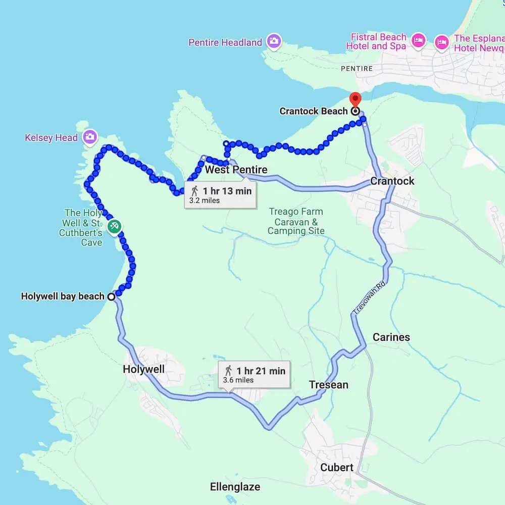 Map showing the walking route from Newquay to Holywell Bay Beach