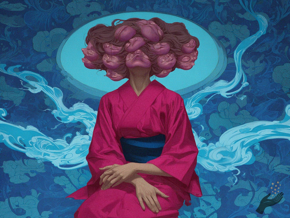 A seated figure in a bright pink robe appears against a dark blue patterned background, with a large cluster of pink faces and hair forming the head and a pale oval halo behind it.