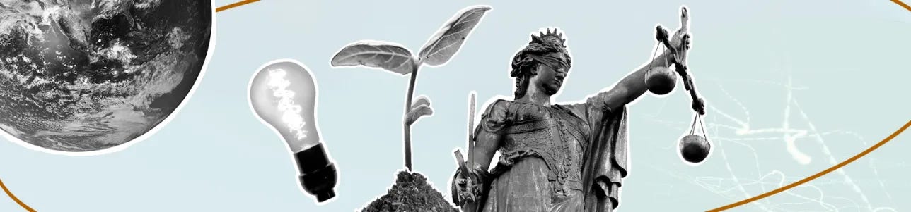 A globe, a lightbulb, a plant, Justicia. Light blue background. Collage of illustrations.