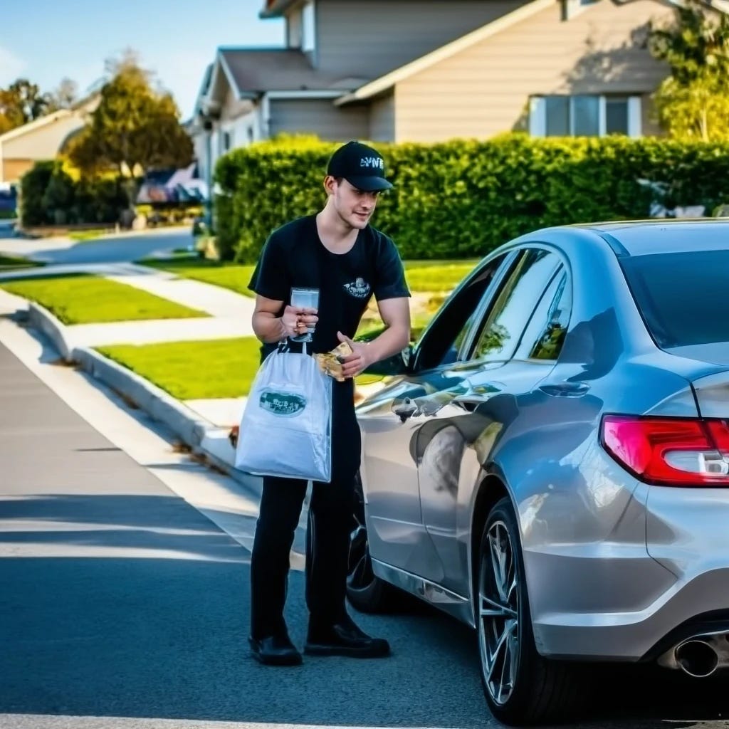 Jimmy Johns employee making sandwich delivery with car