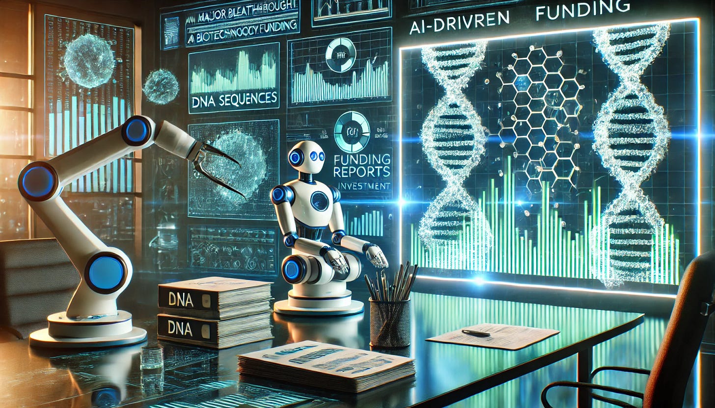 A futuristic biotech lab with AI-powered robotic arms analyzing DNA sequences on a large digital screen. Stacks of funding reports and investment charts are displayed on a sleek, high-tech desk. The atmosphere is dynamic, with glowing blue and green lights highlighting the innovation. The scene conveys a major breakthrough and excitement in AI-driven biotechnology funding.
