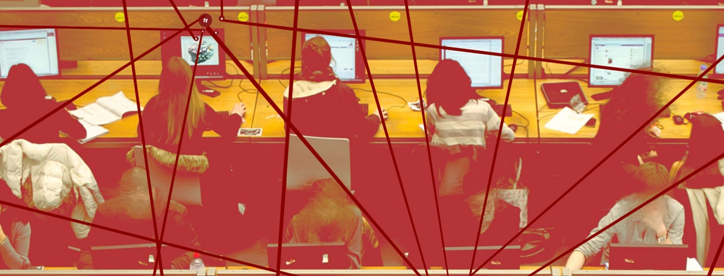 A computer lab with three rows of four desks, each occupied by students working at computers. Overlaying the computer lab are red lines connecting through nodes, symbolizing the flow of communication, data exchange, and interconnected networks. 