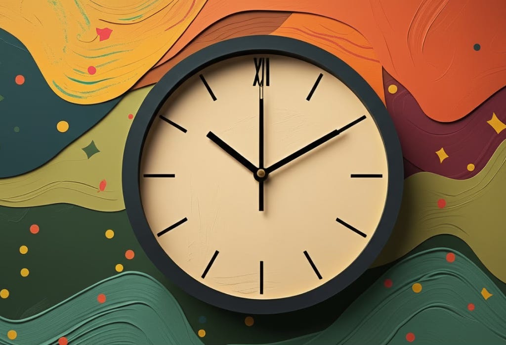 A clock icon on a colorful, abstract background.