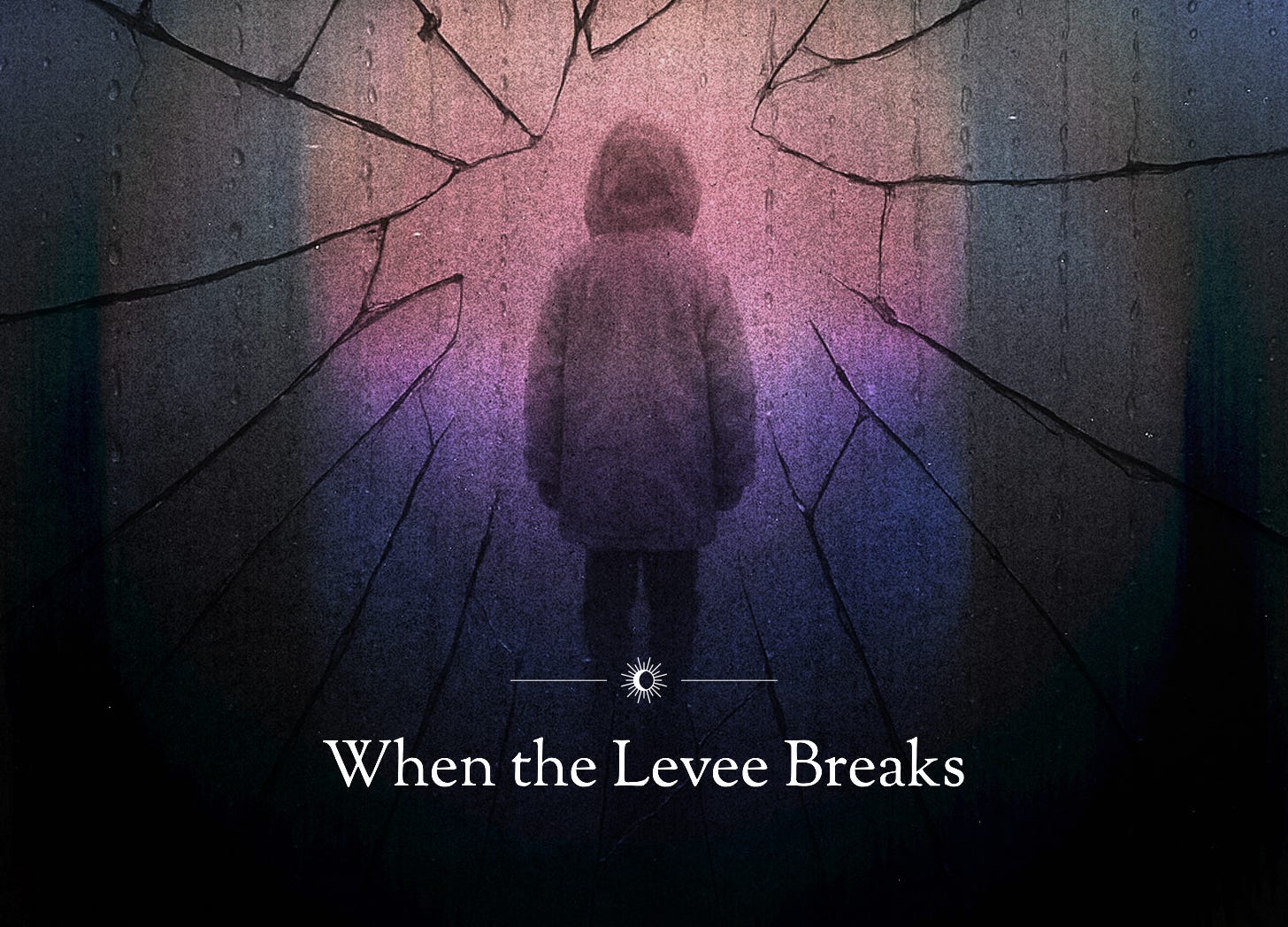 A broken mirror lies in shadow, each jagged shard reflecting the distant image of a small child in a yellow raincoat, turned away and shrouded in fog. Rain streaks the glass, and the surrounding mist gives the scene a haunted, dreamlike quality—evoking grief, guilt, and the aftermath of a flood.