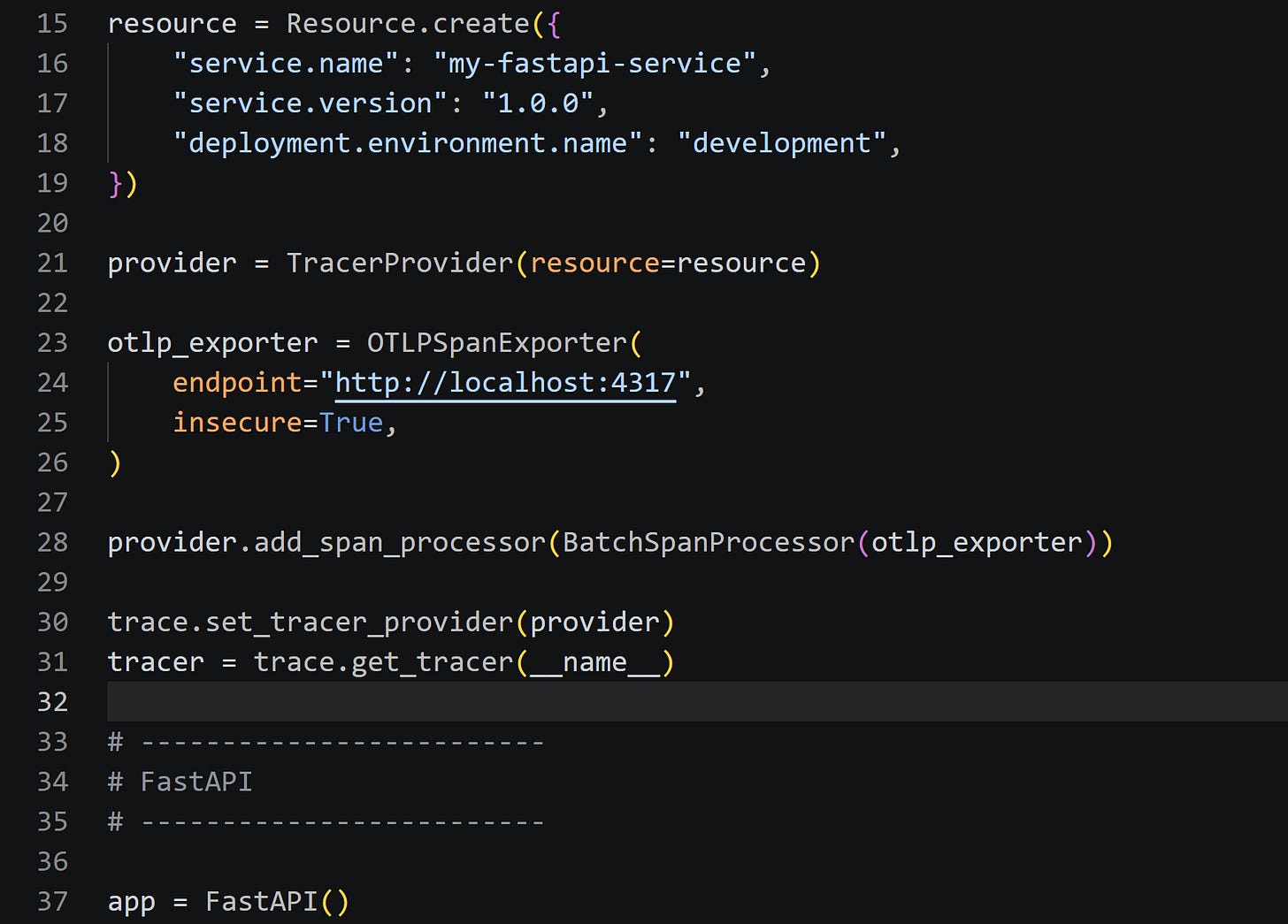 Python code configuring OpenTelemetry resource metadata, a tracer provider and an OTLP exporter for a FastAPI service