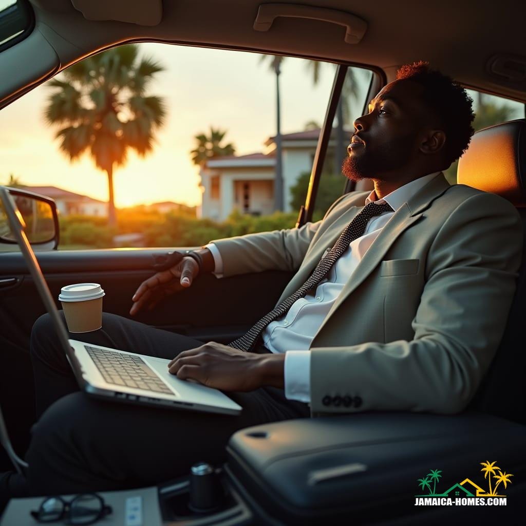 A weary Jamaican male realtor, dressed in stylish attire, sits in his car, surrounded by real estate documents, a laptop bag, and a phone, with a coffee cup, folders, and keys scattered around, warm tropical sunlight casting a cinematic glow, outside, a modern Caribbean-style house with swaying palm trees, shot in a cinematic style, with film grain, vignette, and color grading, reminiscent of photographers like Gregory Crewdson, Steve McCurry, and Martin Schoeller, with a 35mm film aesthetic. A weary Jamaican male realtor, dressed in stylish attire, sits in his car, surrounded by real estate documents, a laptop bag, and a phone, with a coffee cup, folders, and keys scattered around, warm tropical sunlight casting a cinematic glow, outside, a modern Caribbean-style house with swaying palm trees, shot in a cinematic style, with film grain, vignette, and color grading, reminiscent of photographers like Gregory Crewdson, Steve McCurry, and Martin Schoeller, with a 35mm film aesthetic.