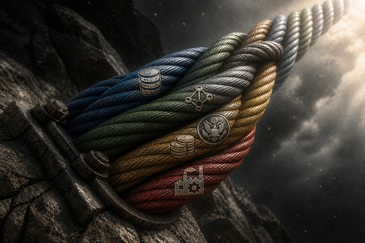 Five braided steel cables with engraved icons—data, network, government, capital, and industry.